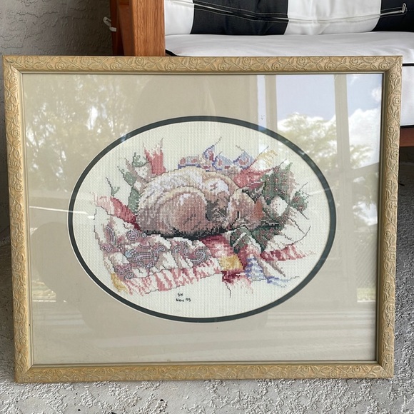 Vintage Other - Vintage Cross Stitch Art Cuddled Kitten 90s 16” x 19”